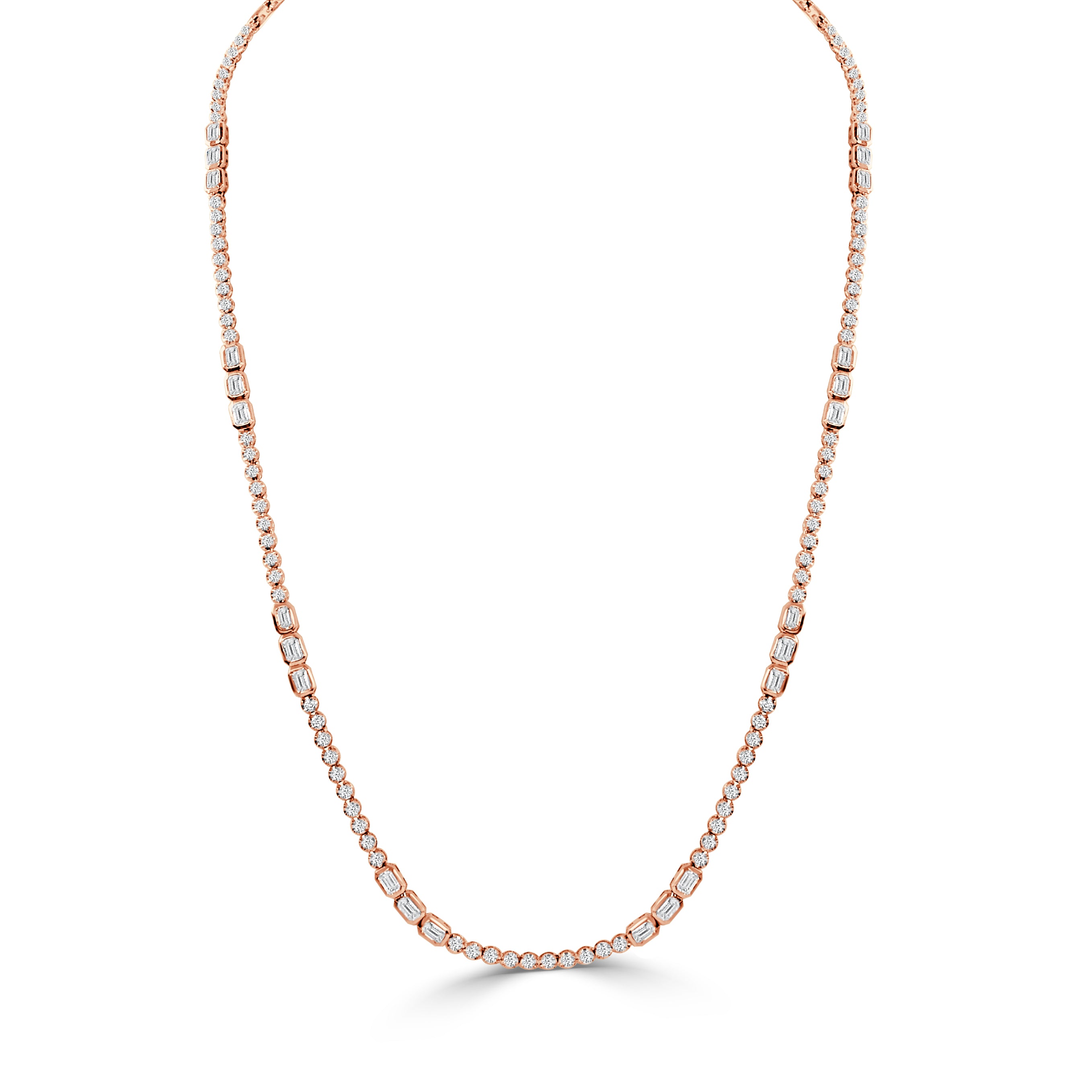 14K Gold Diamond Emerald Cut & Round Tennis Necklace - 4.27 CT