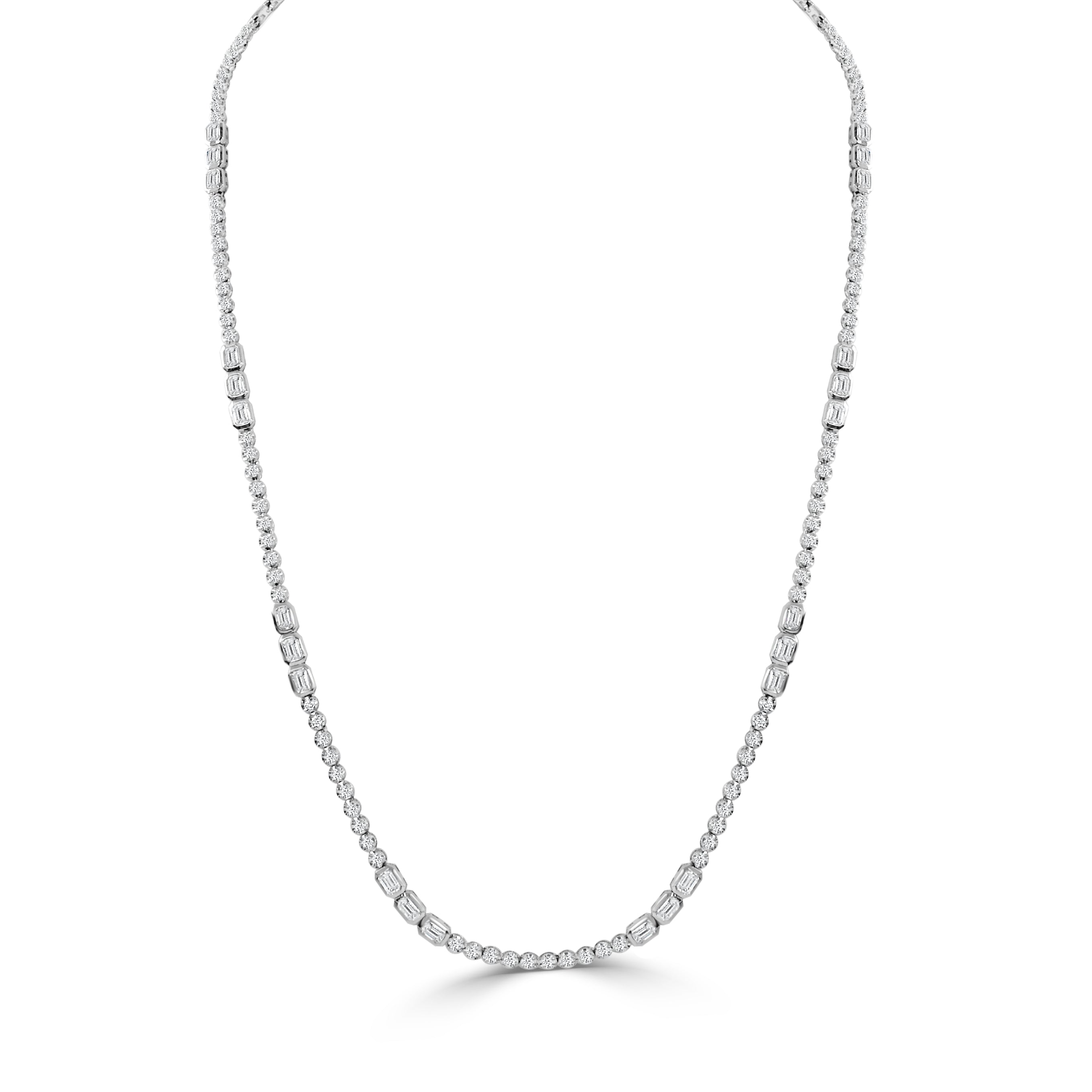 14K Gold Diamond Emerald Cut & Round Tennis Necklace - 4.27 CT