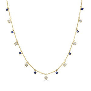 14K Gold Diamond & Princess Cut Sapphire Necklace