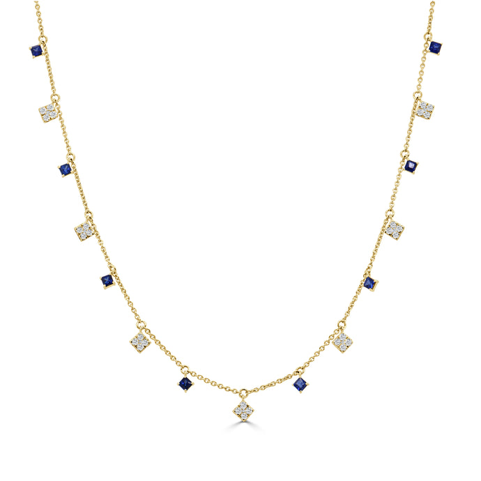 14K Gold Diamond & Princess Cut Sapphire Necklace