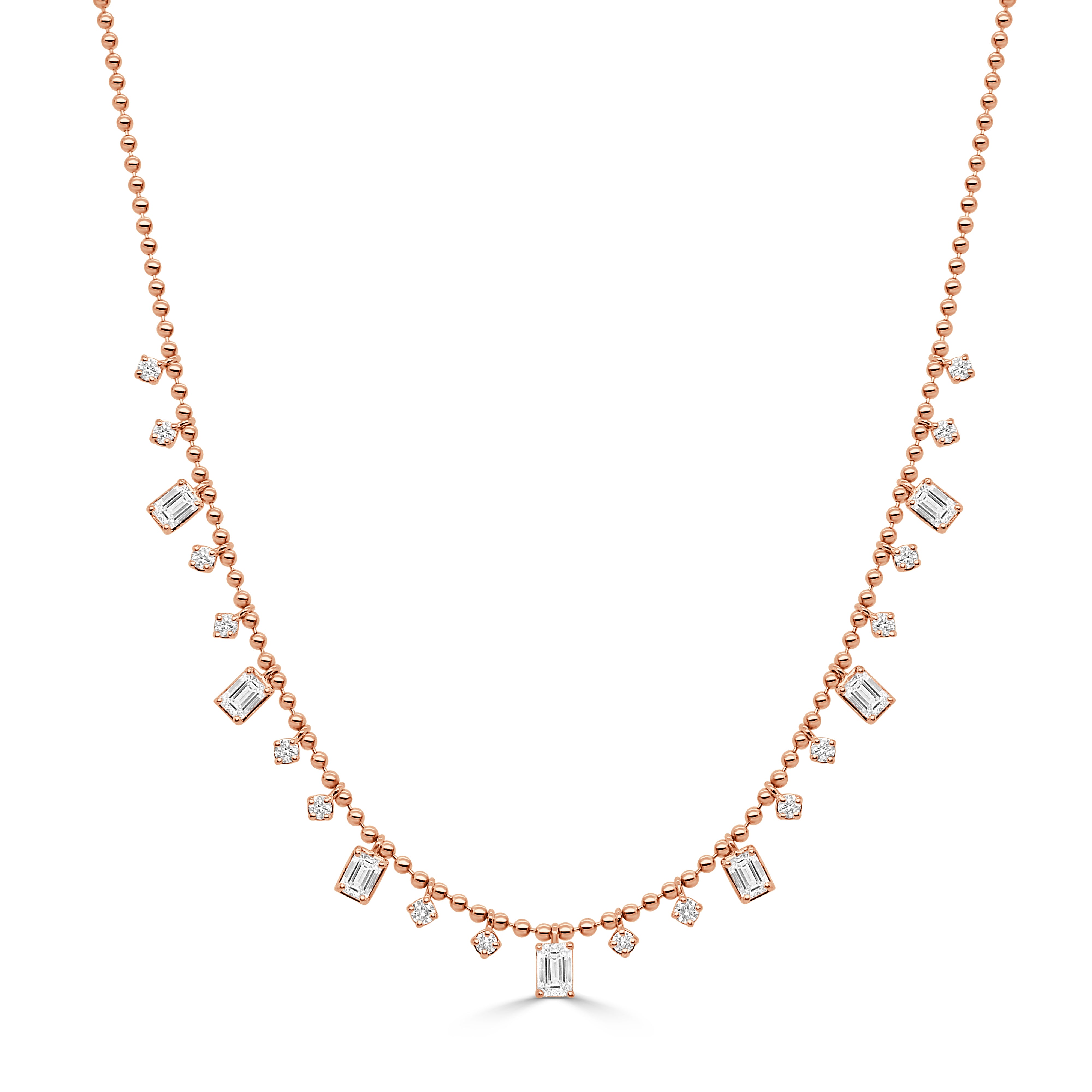 14K Gold Emerald Cut & Round Diamond Beaded Necklace - 1.81ct