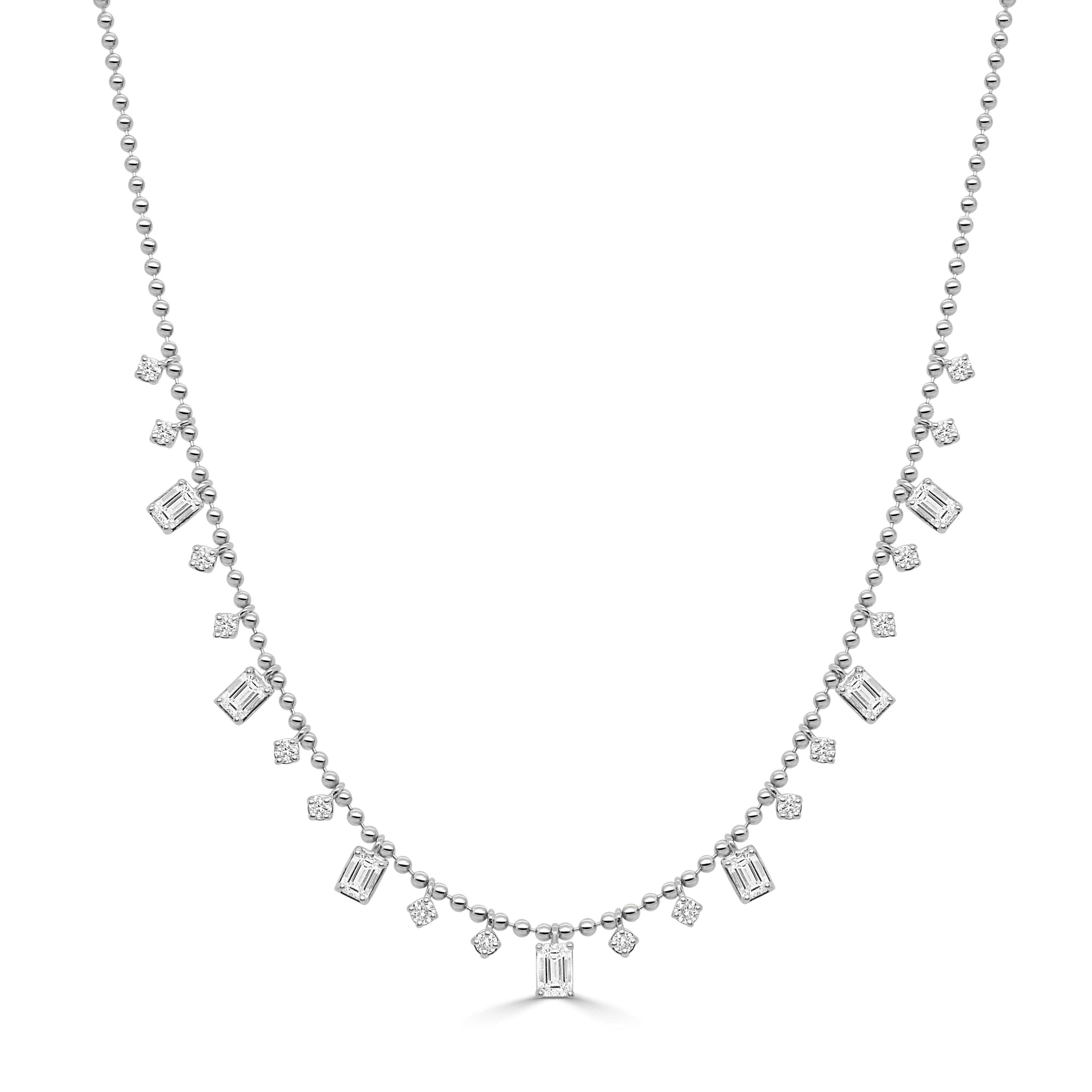 14K Gold Emerald Cut & Round Diamond Beaded Necklace - 1.81ct