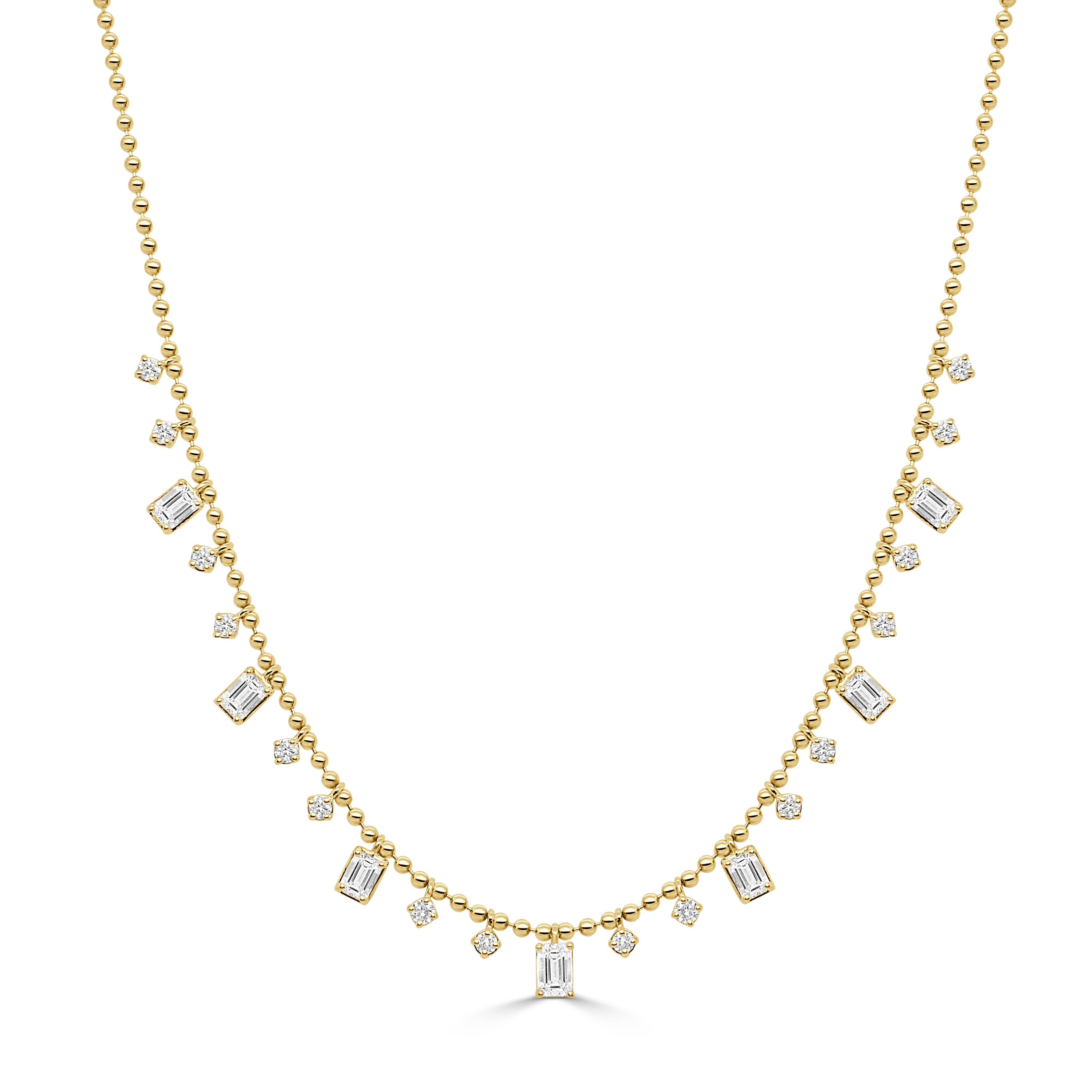 14K Gold Emerald Cut & Round Diamond Beaded Necklace - 1.81ct