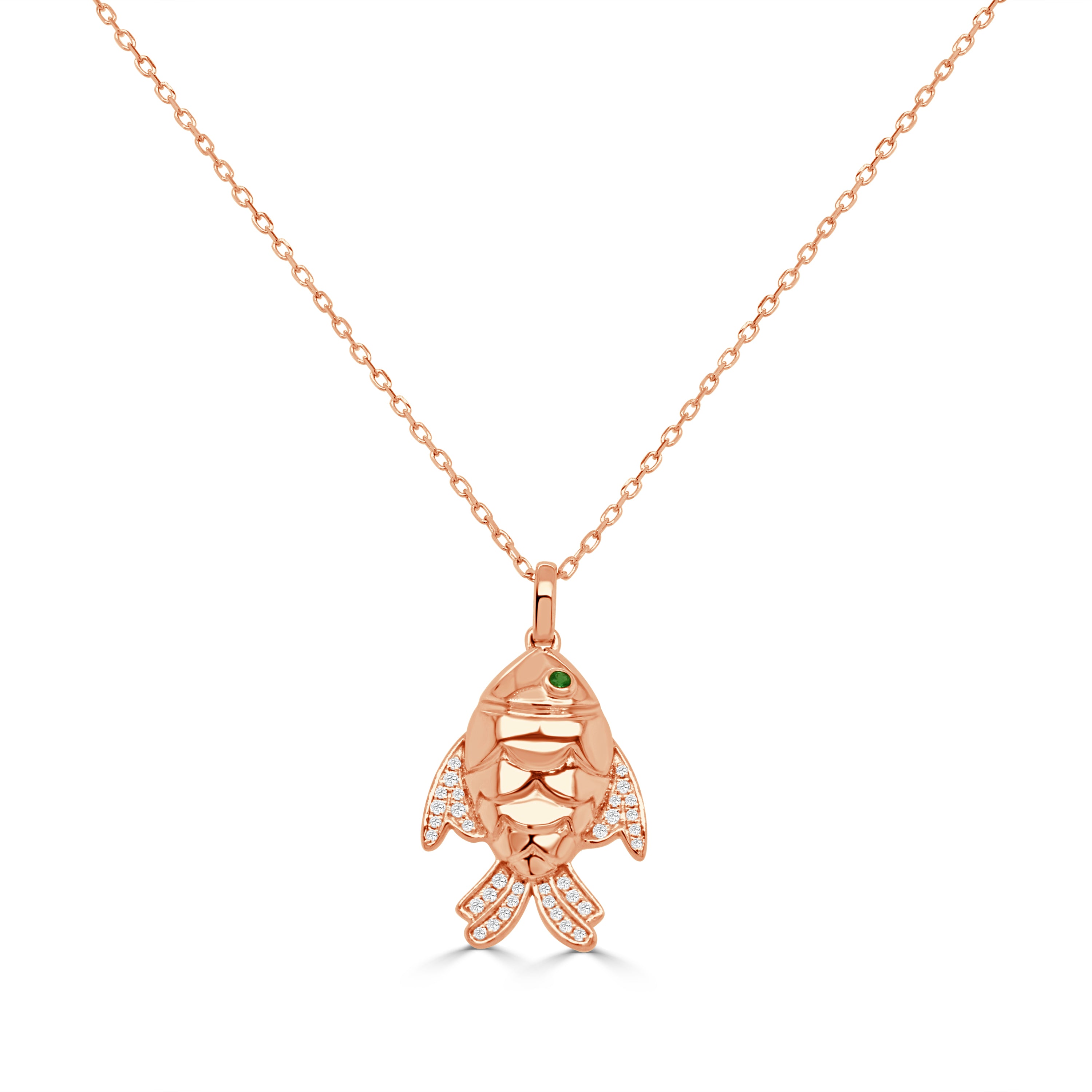 14K Gold Diamond & Emerald Fish Necklace - 0.14 CT
