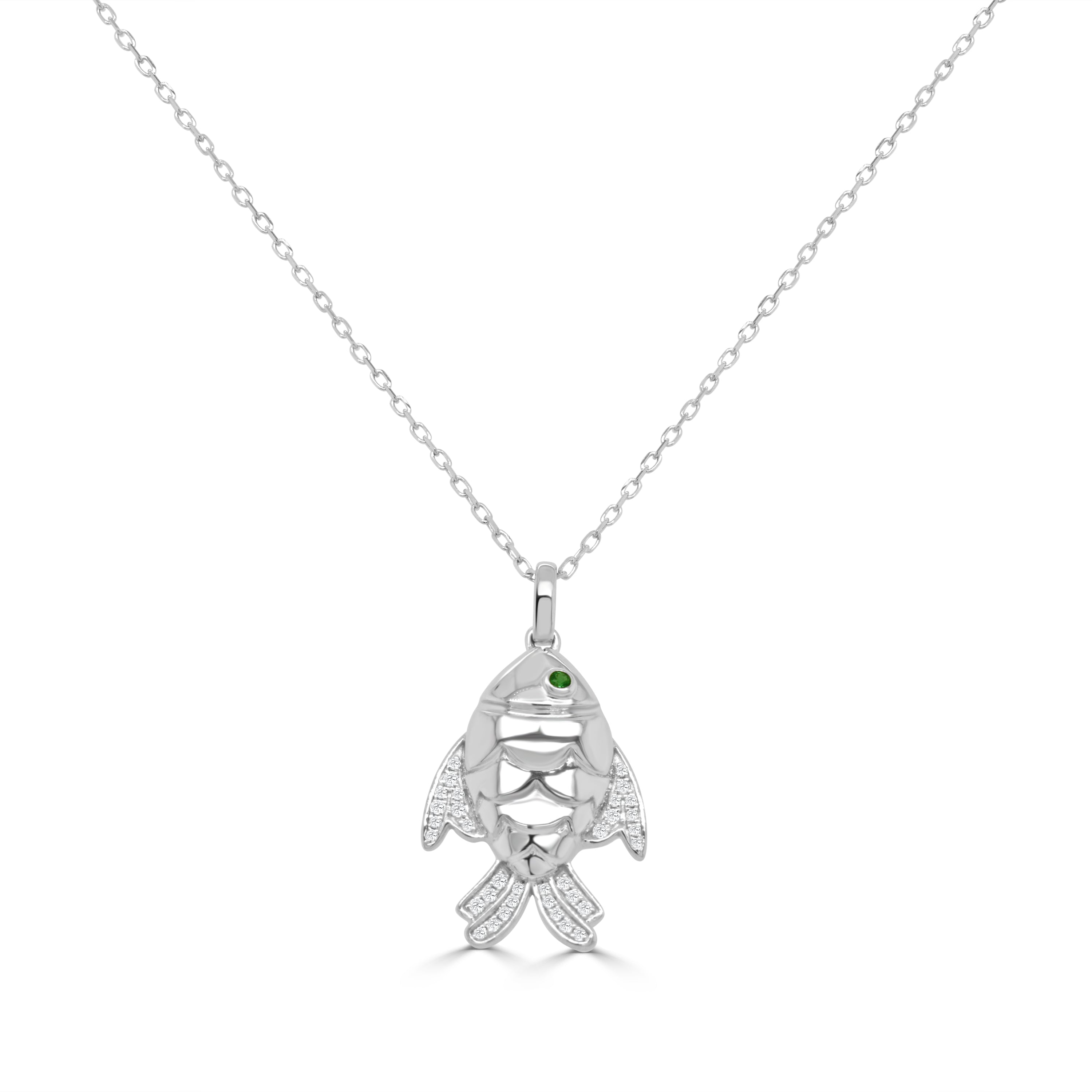 14K Gold Diamond & Emerald Fish Necklace - 0.14 CT