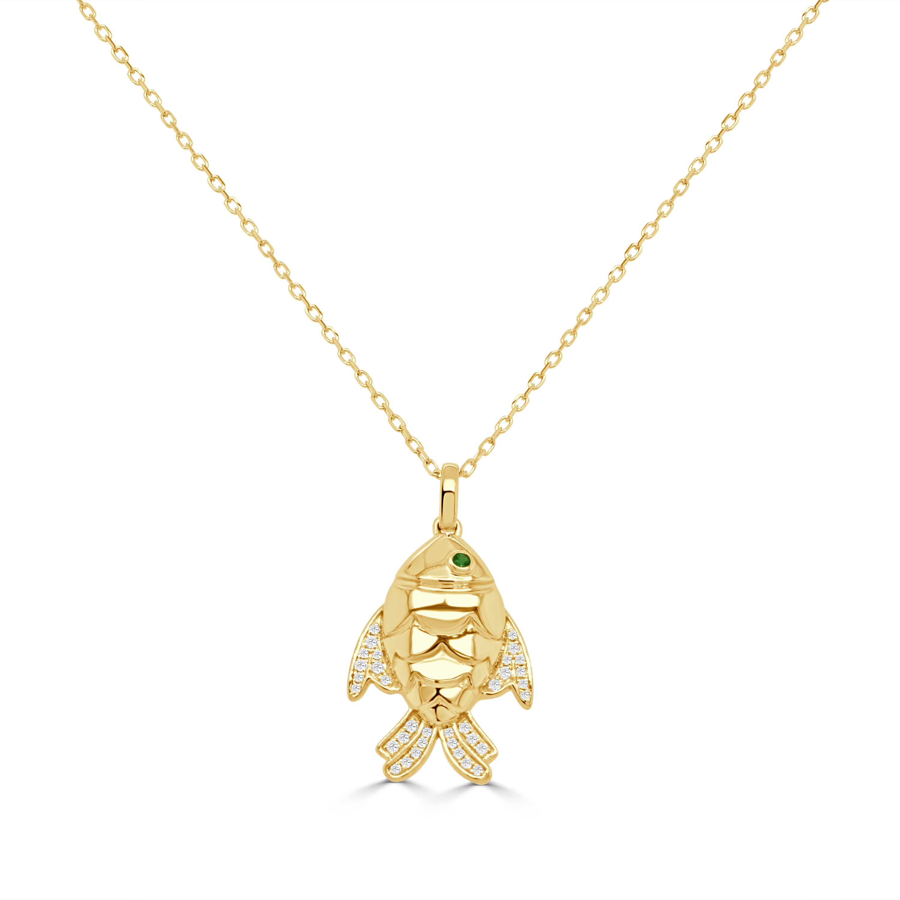 14K Gold Diamond & Emerald Fish Necklace - 0.14 CT