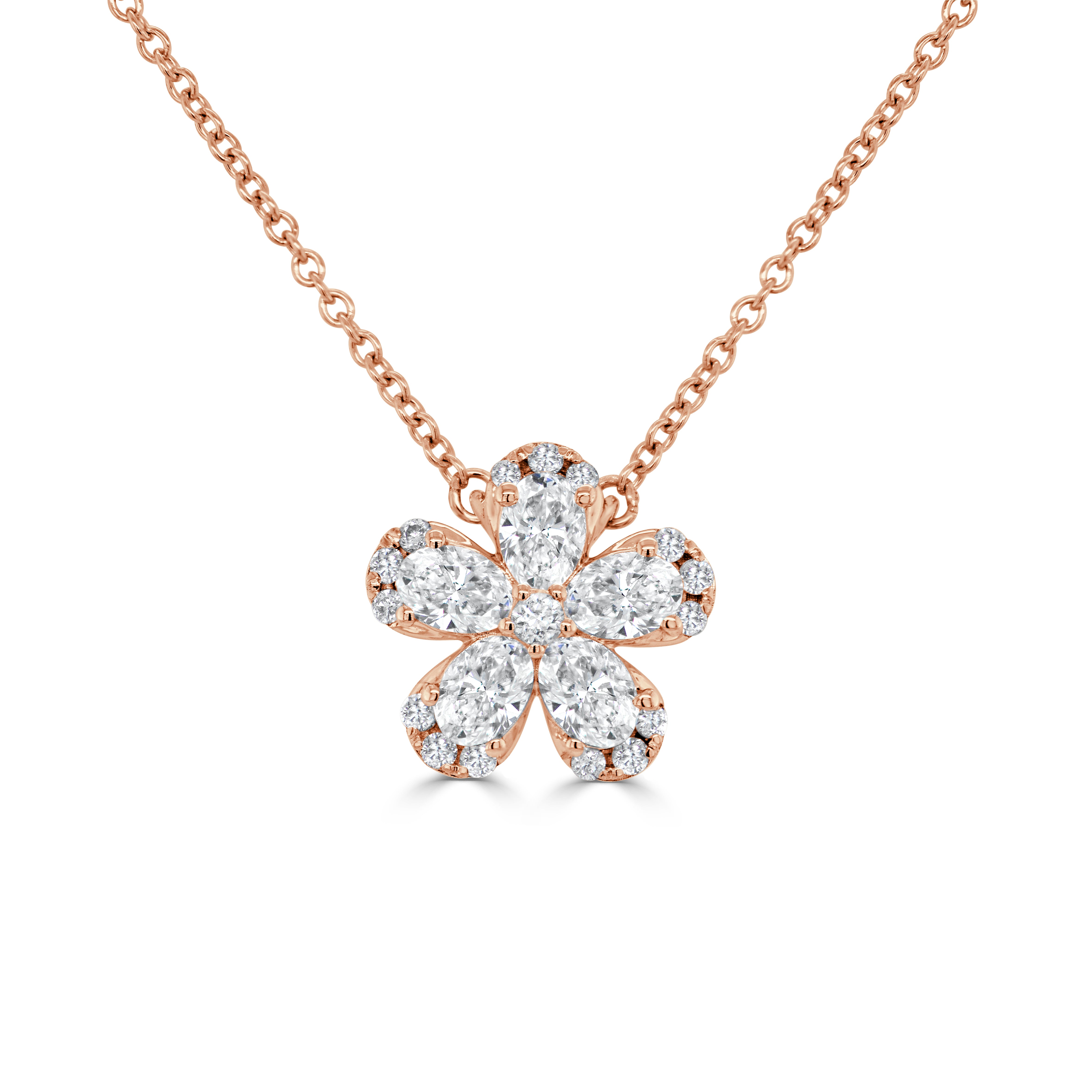14K Gold Pear Shape & Round Diamond Flower Necklace - 0.61ct