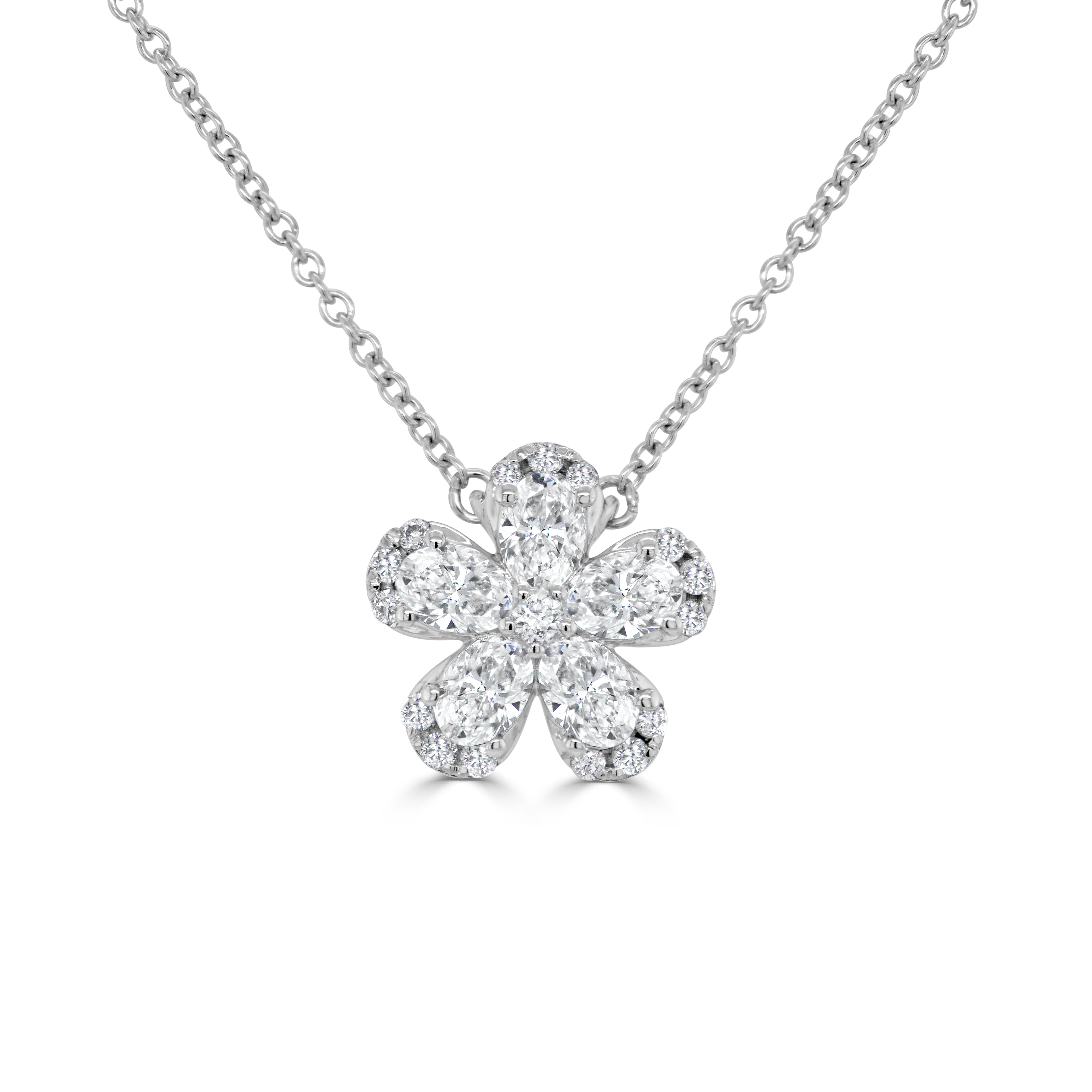 14K Gold Pear Shape & Round Diamond Flower Necklace - 0.61ct