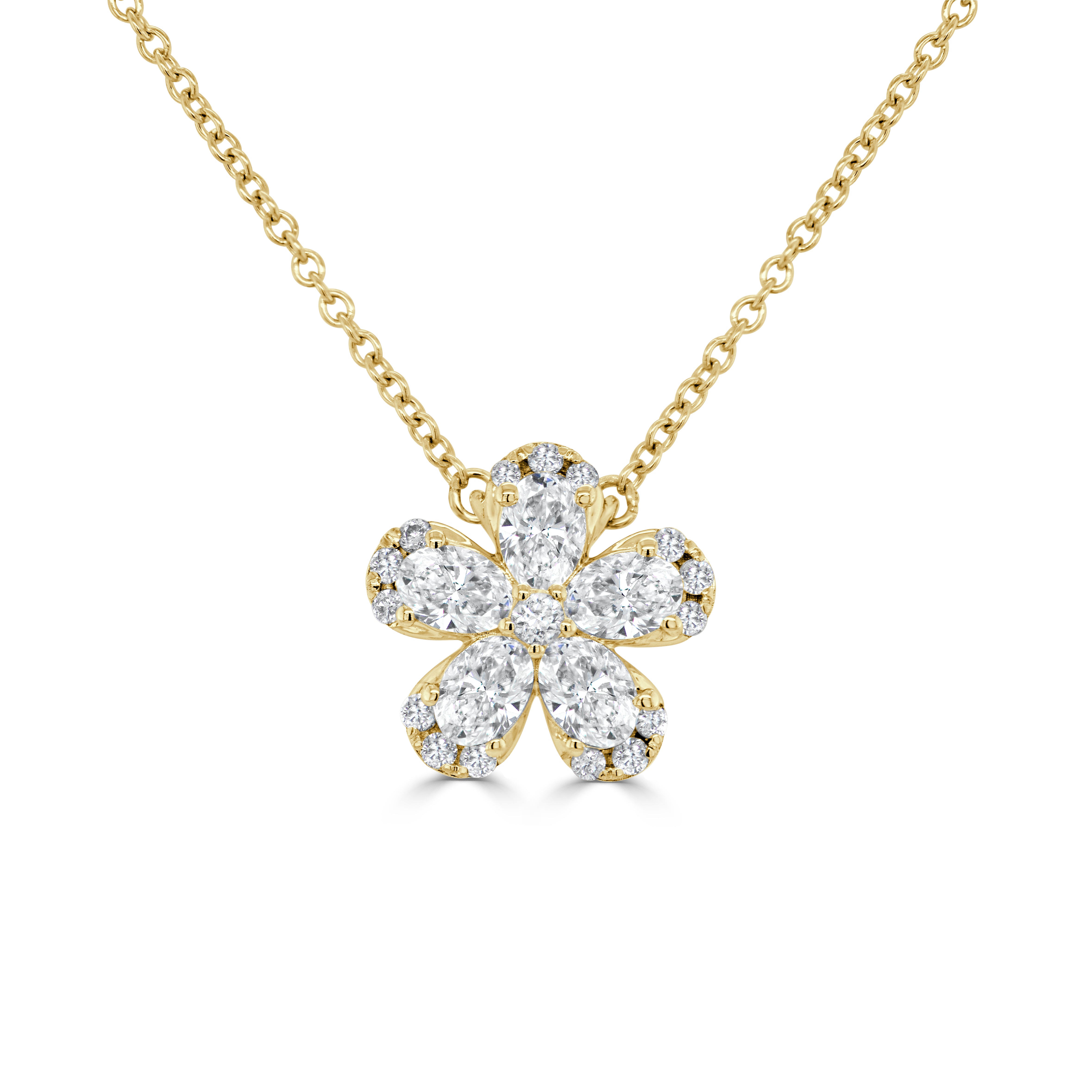 14K Gold Pear Shape & Round Diamond Flower Necklace - 0.61ct