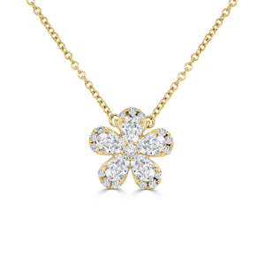 14K Gold Pear Shape & Round Diamond Flower Necklace