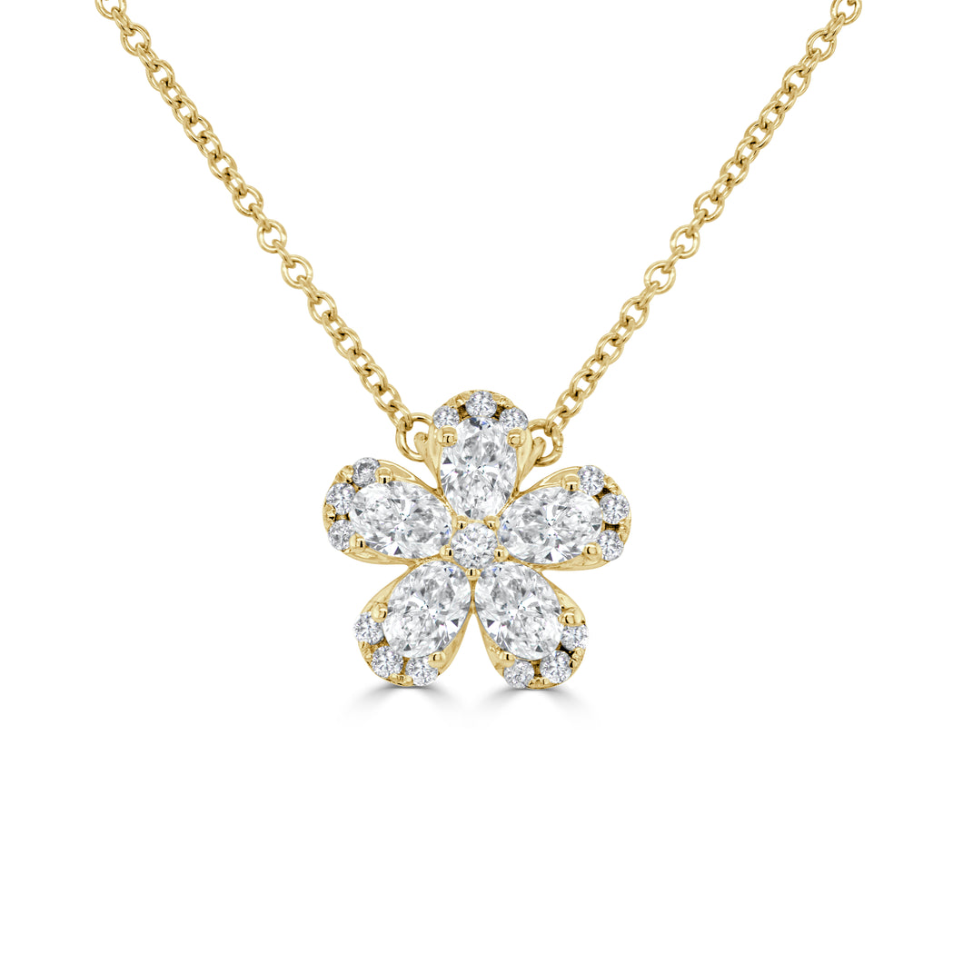 14K Gold Pear Shape & Round Diamond Flower Necklace
