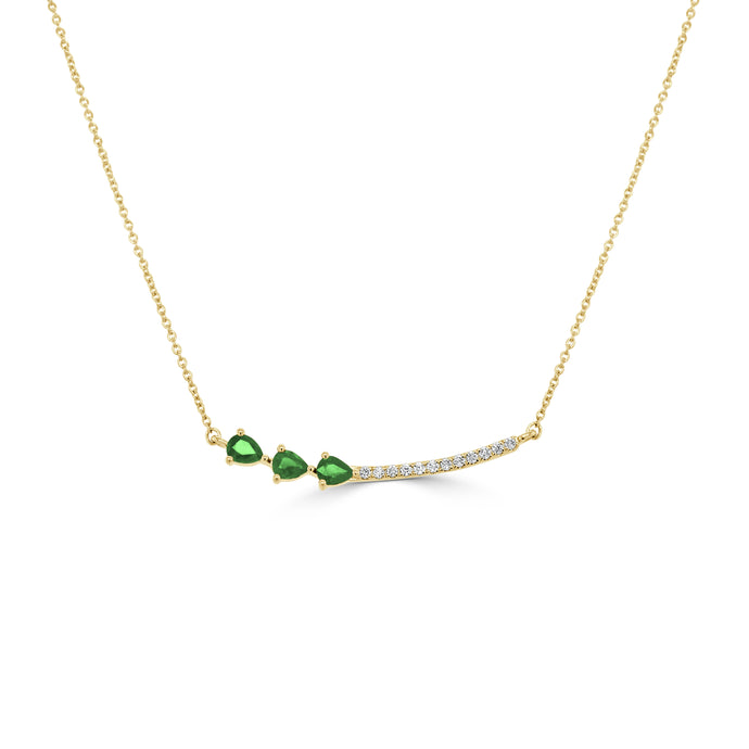 14K Gold Pear Shaped Emerald and Diamond Bar Necklace