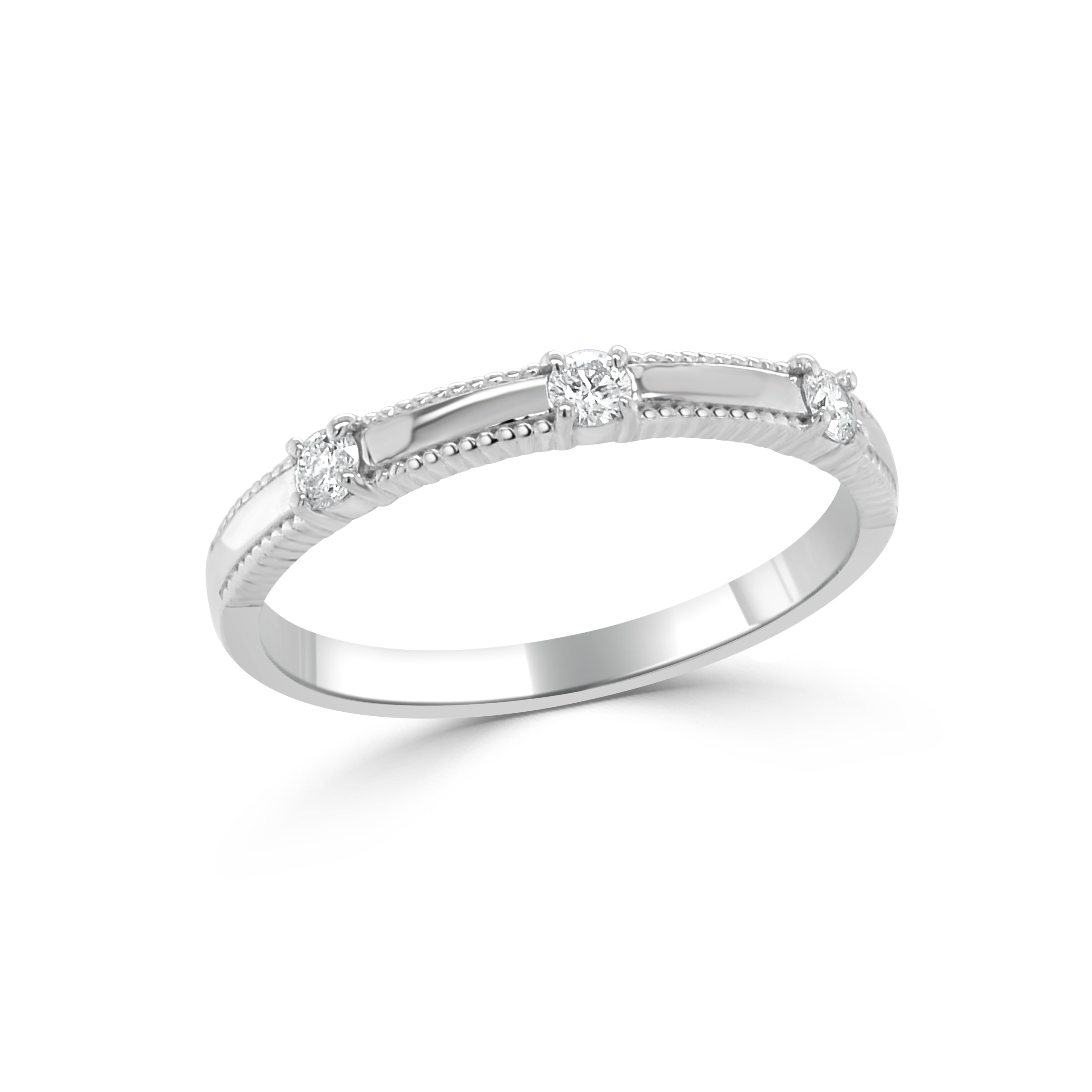 14K Gold Three Stone Beaded Diamond Ring - 0.15 CT