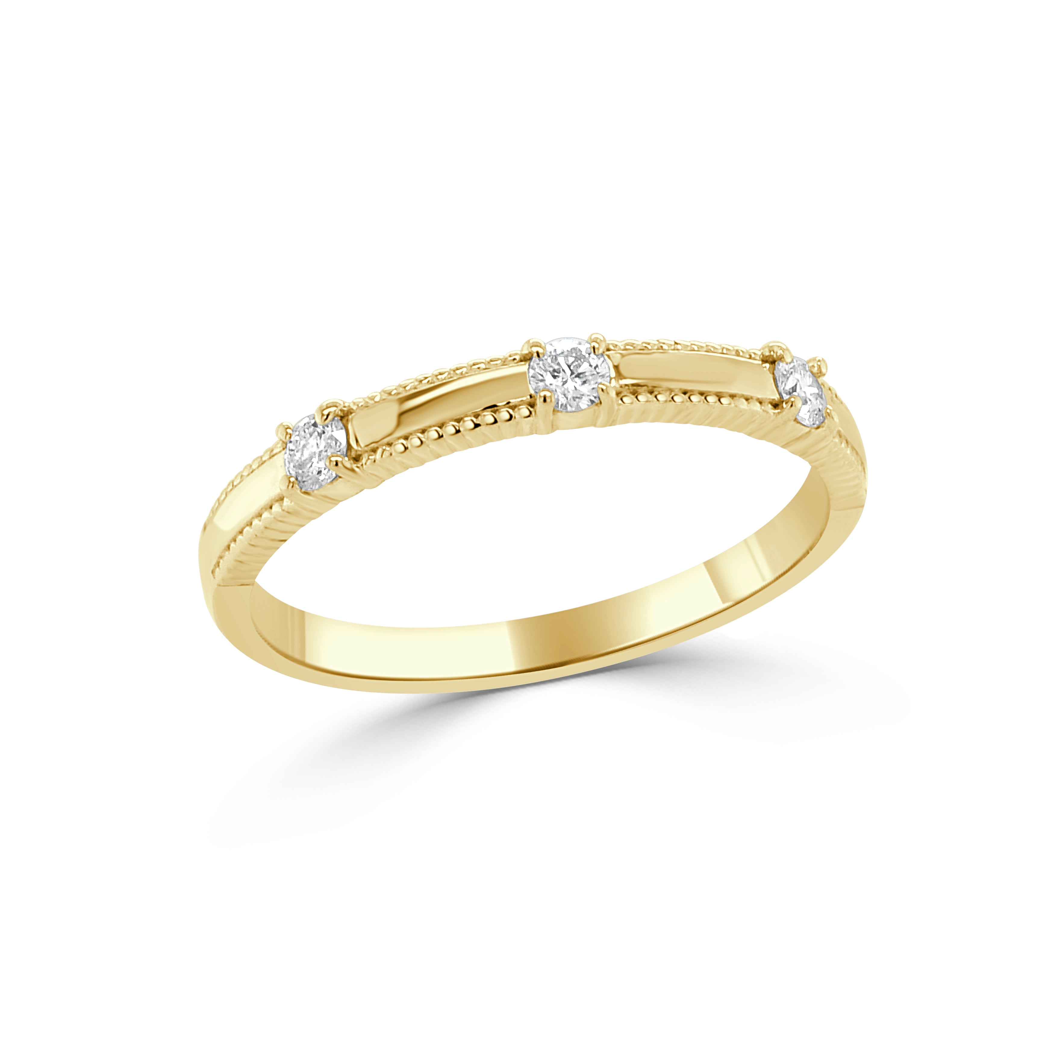 14K Gold Three Stone Beaded Diamond Ring - 0.15 CT