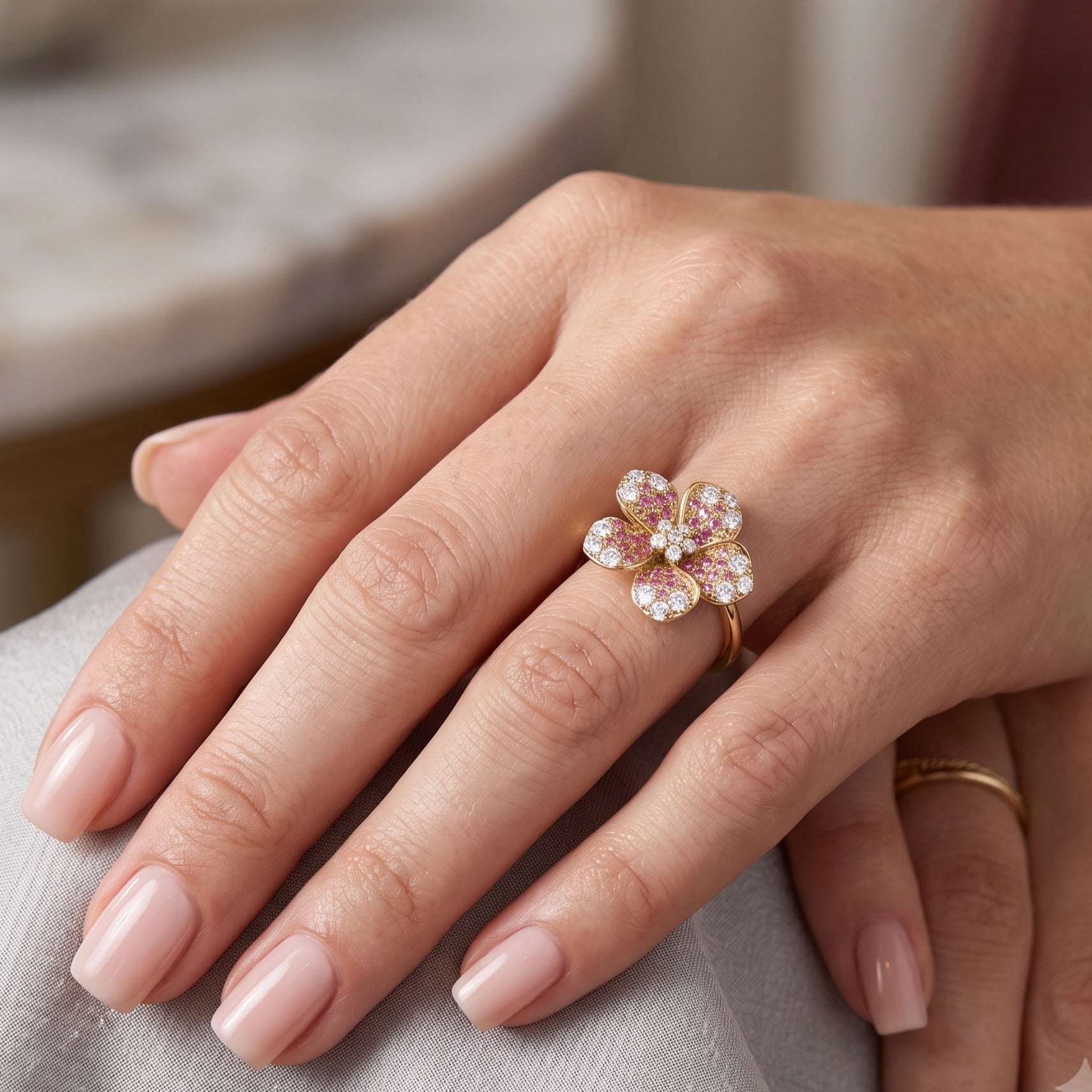 14K Gold Ombre Pink Sapphire & Diamond Flower Ring - 0.58 CT
