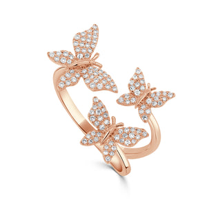 14K Gold Diamond 3 Butterfly Ring