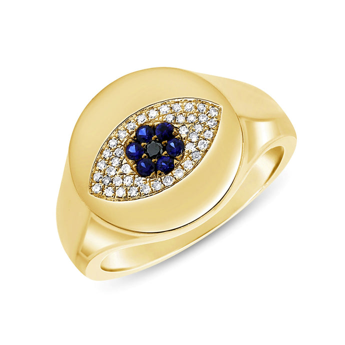 14K Gold Sapphire & Diamond Evil Eye Signet Ring