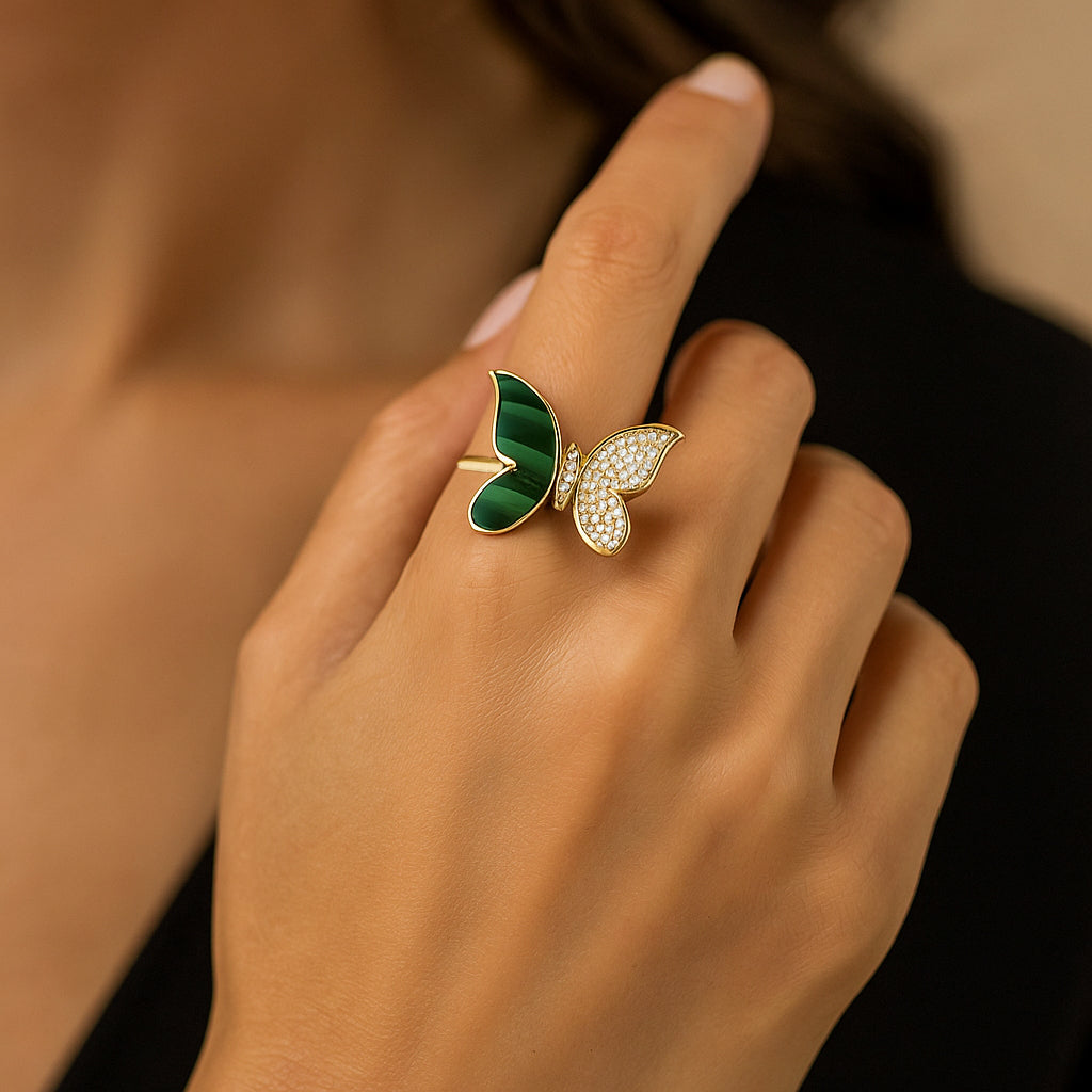 14K Gold Malachite & Diamond Butterfly Ring