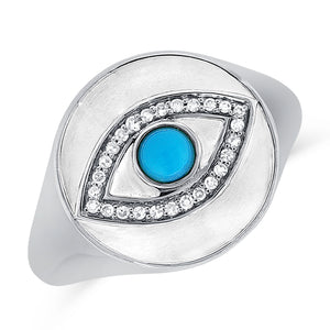 14K Gold Turquoise, Diamond & Agate Evil Eye Signet Ring
