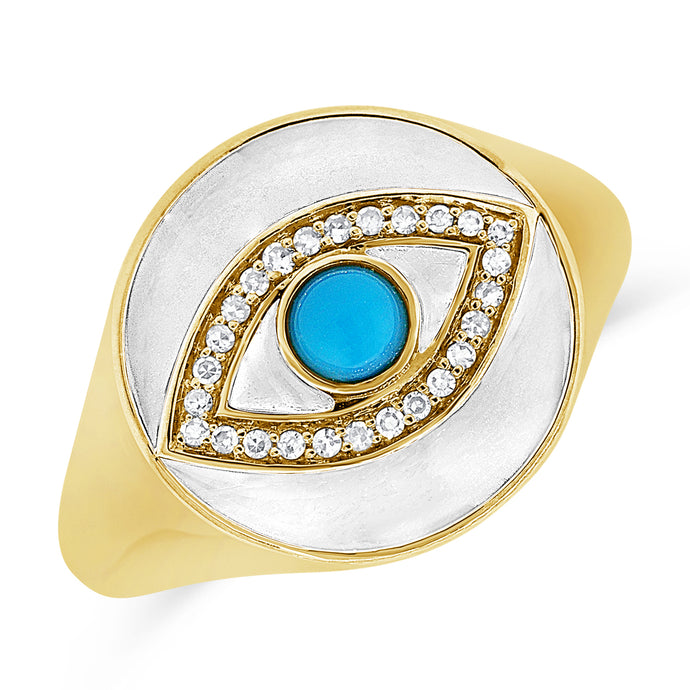 14K Gold Turquoise, Diamond & Agate Evil Eye Signet Ring