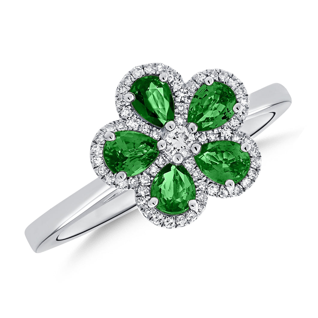 14K Gold Emerald & Diamond Flower Ring