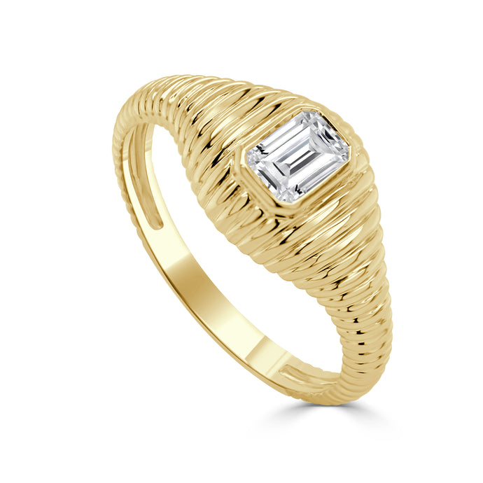 14K Gold Emerald Cut Diamond Wave Ring