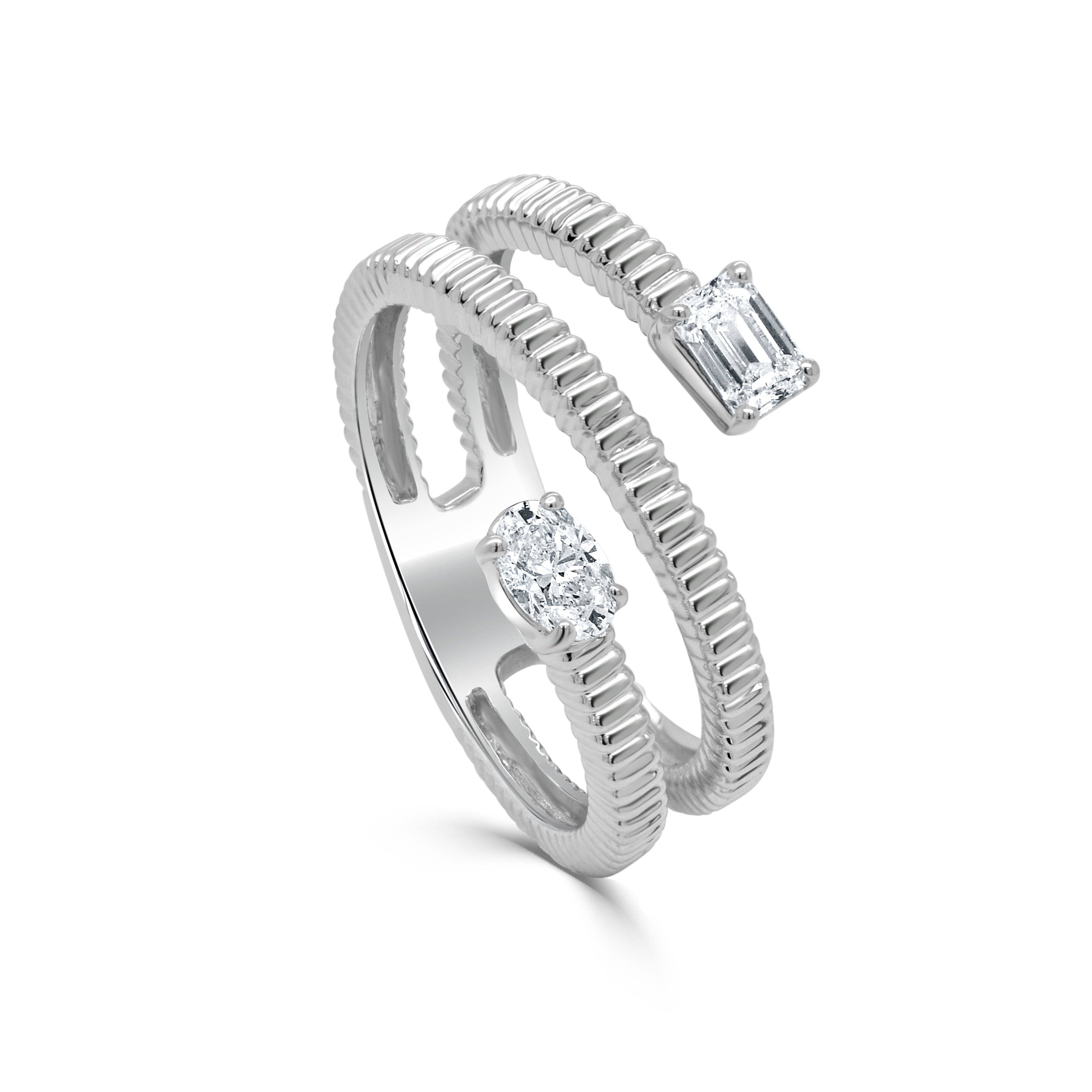 14K Gold Emerald Cut & Oval Diamond Wrap Ring - 0.42ct