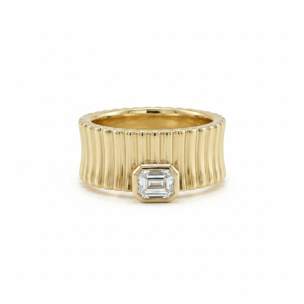 14K Gold Emerald Cut Diamond Textured Ring - 0.31 CT