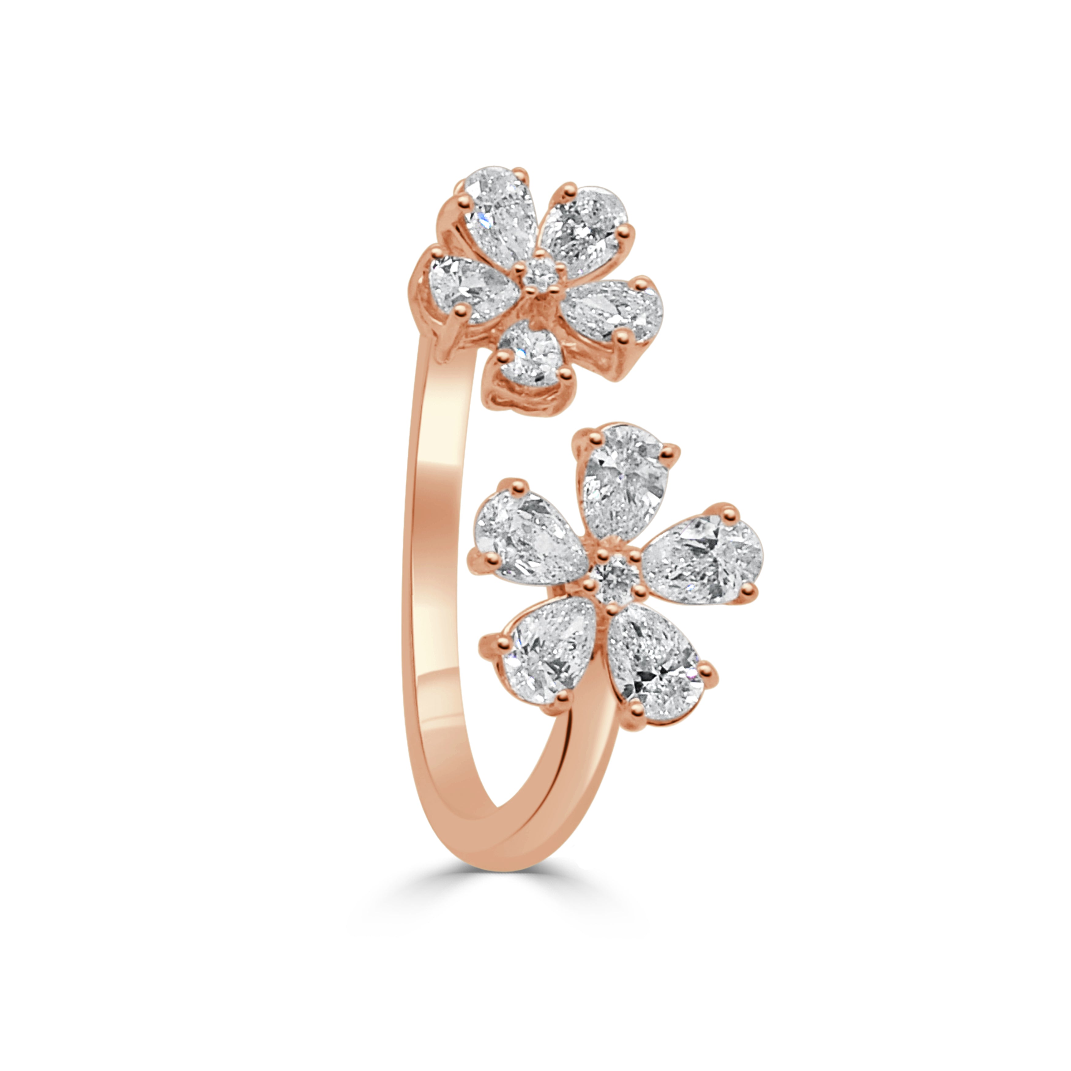 14K Gold Pear Shape Diamond Open Flower Ring - 0.79 CT