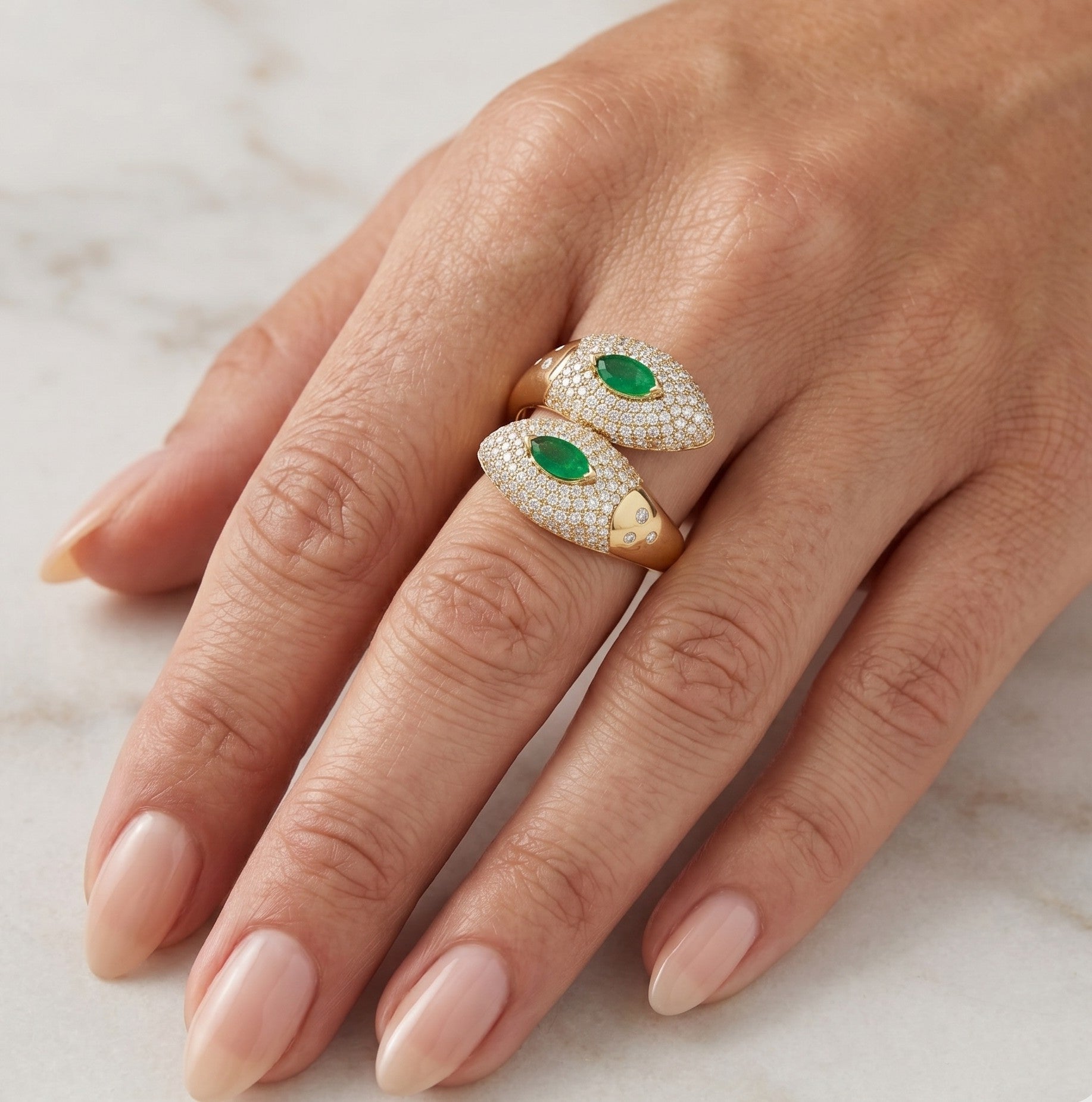 14K Gold Emerald & Diamond Bypass Ring - 1.08 CT