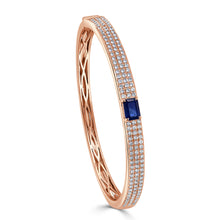 Load image into Gallery viewer, 14K Gold Emerald-Cut Sapphire &amp; Diamond Pave Bangle