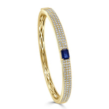 Load image into Gallery viewer, 14K Gold Emerald-Cut Sapphire &amp; Diamond Pave Bangle