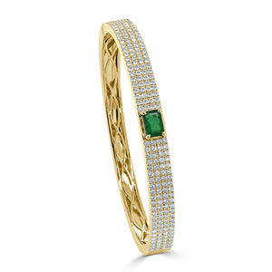 14k Gold Emerald-Cut Green Emerald & Diamond Bangle