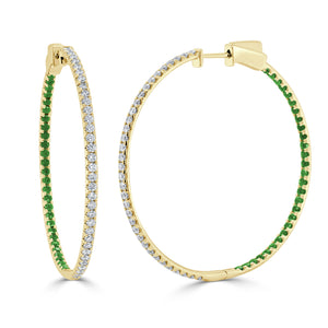 14K Gold Half Diamond & Half Emerald Hoop Earrings
