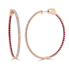 Load image into Gallery viewer, 14K Gold Half Diamond Half Ruby Hoop Earrings