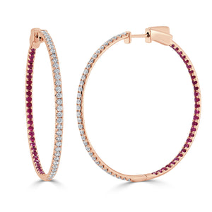 14K Gold Half Diamond Half Ruby Hoop Earrings