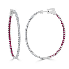 Load image into Gallery viewer, 14K Gold Half Diamond Half Ruby Hoop Earrings