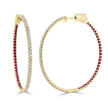 Load image into Gallery viewer, 14K Gold Half Diamond Half Ruby Hoop Earrings