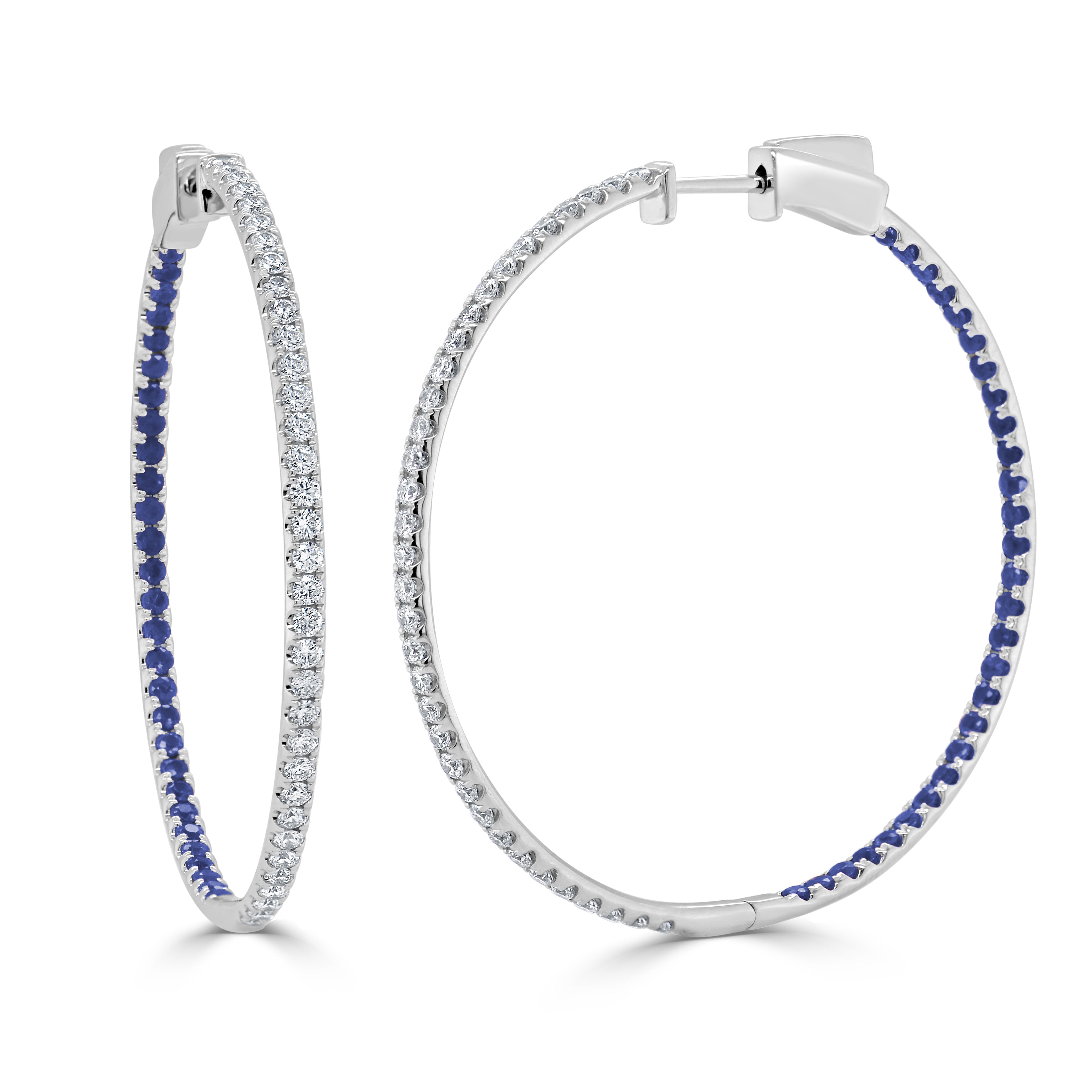 14K Gold Half Diamond Half Sapphire Hoop Earrings