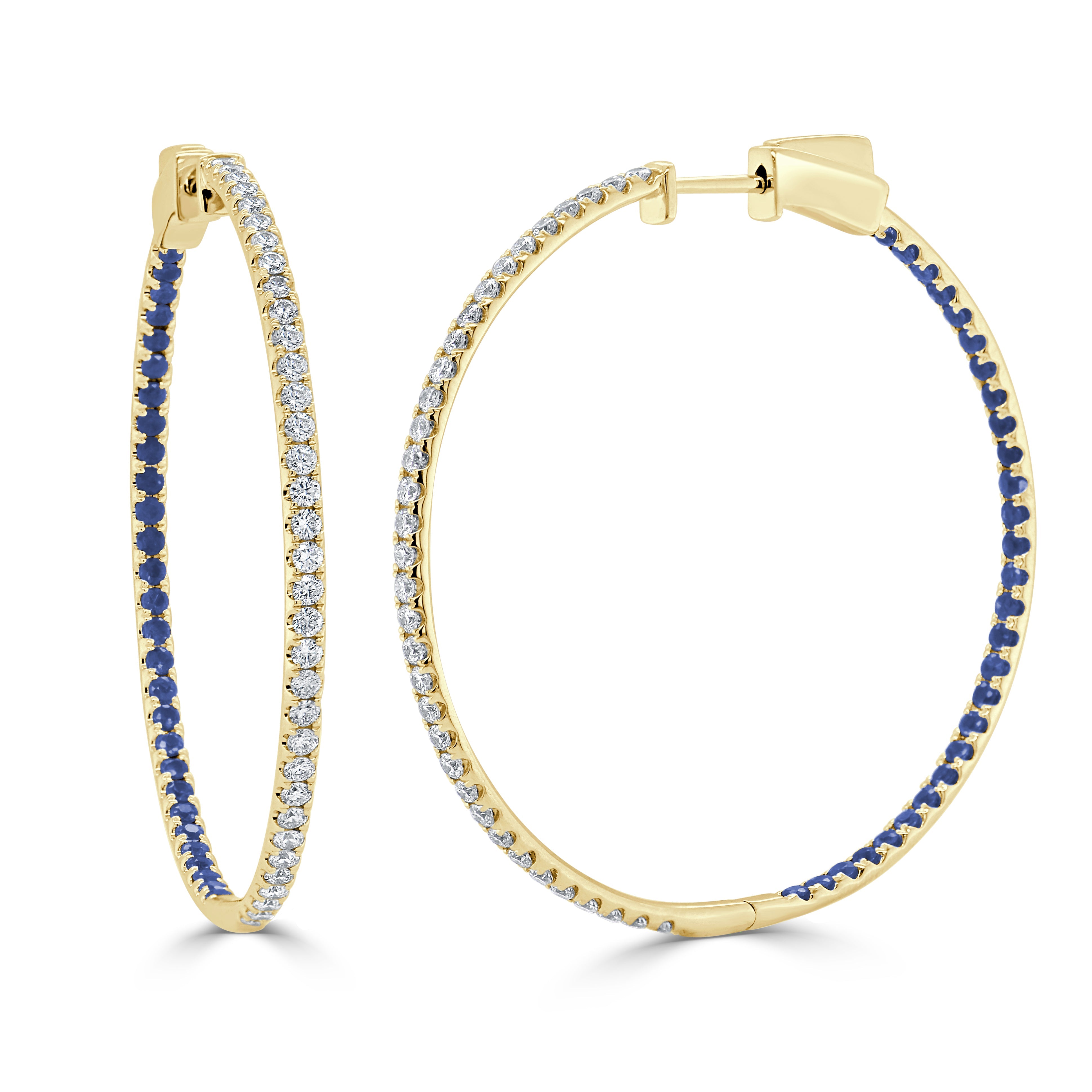 14K Gold Half Diamond Half Sapphire Hoop Earrings