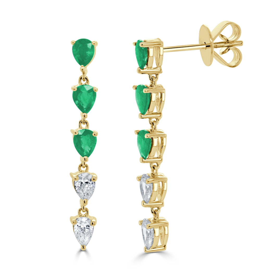 14K Gold Pear-Shaped Diamond & Emerald Drop Earrings