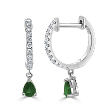Load image into Gallery viewer, 14K Gold Emerald &amp; Diamond Dangle Huggie Earrings