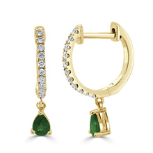 Load image into Gallery viewer, 14K Gold Emerald &amp; Diamond Dangle Huggie Earrings