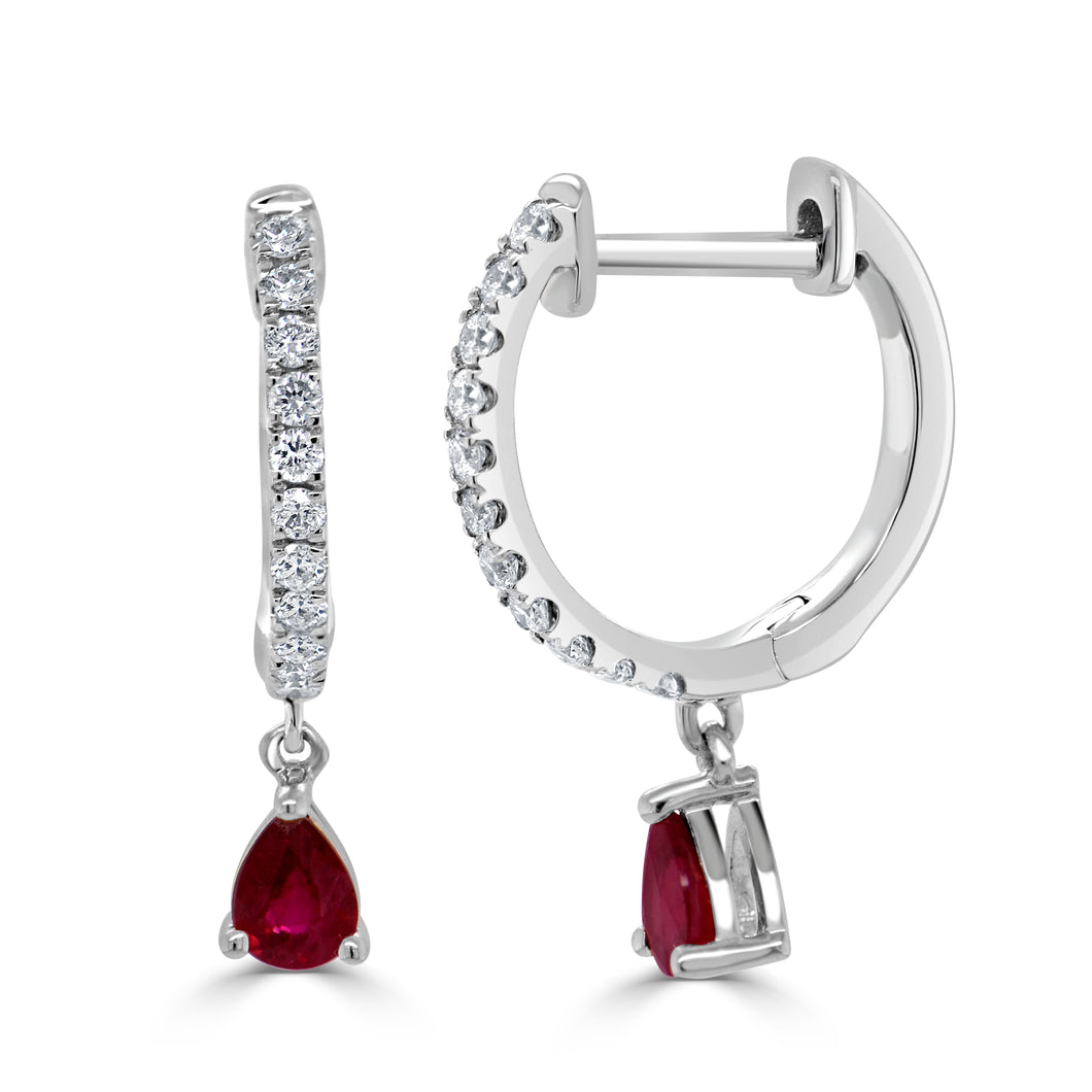 14K Gold Diamond & Ruby Pear Shape Drop Earrings