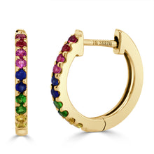 Load image into Gallery viewer, 14k Gold &amp; Rainbow Sapphire Huggie Earrings
