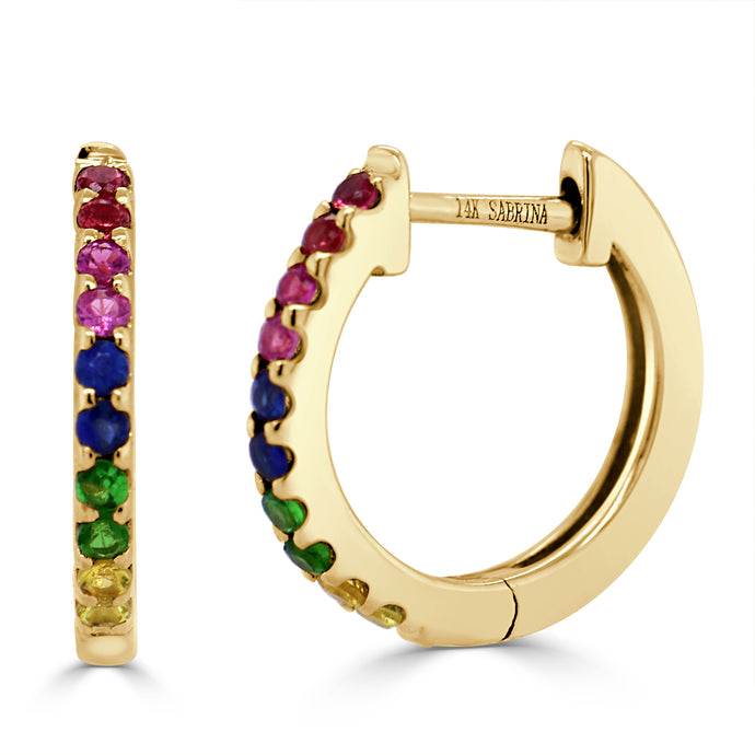 14k Gold & Rainbow Sapphire Huggie Earrings