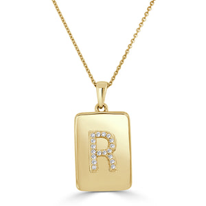 14k Yellow Gold & Diamond Dog Tag Initial Necklace