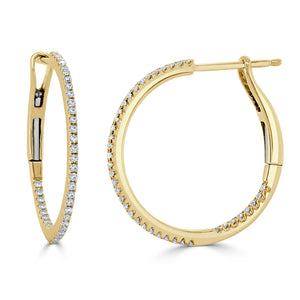 14k Gold & Diamond Skinny Hoop Earrings - 0.75"