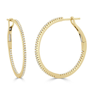 14k Gold & Diamond Skinny Hoop Earrings - 1"