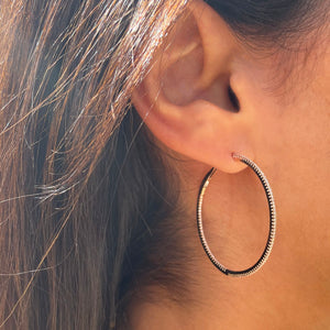 14k Gold & Diamond Skinny Hoop Earrings 1-3/4"